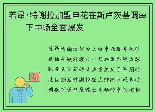 若昂·特谢拉加盟申花在斯卢茨基调教下中场全面爆发 若昂·特谢拉加盟申花在斯卢茨基调教下中场全面爆发